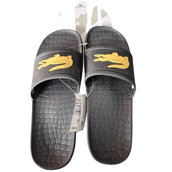 Lacoste Men Crocodile Fraisier Slides Size 7 Black Sandals - Picture 1 of 6